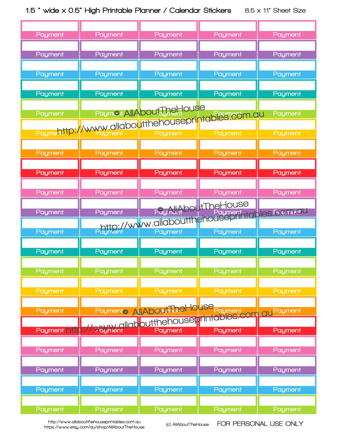 Payment Reminder Money Loan Debt bill due Printable Calendar / Planner Stickers 1.5" wide x 0.5" Rainbow 2015 Planner  made for Erin Condren