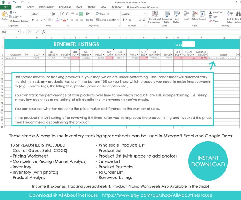 Inventory spreadsheet etsy seller tool shop management supplies materials cost of goods sold wholesale retail pricing worksheet excel PURPLE image 10