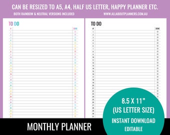 Editable monthly planner list calendar insert refill goals monday start organizer agenda US letter size resize a5 personal size half us