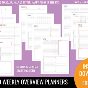 Weekly planner printable overview insert editable refill to do quarterly goals overview future log US letter size resize a5 half junior image 1