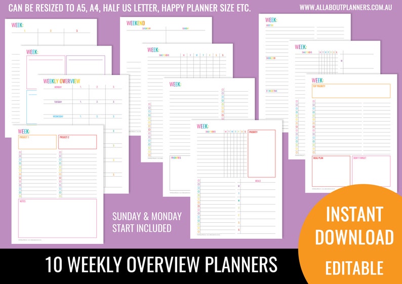 Weekly planner printable overview insert editable refill to do quarterly goals overview future log US letter size resize a5 half junior image 1