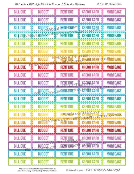 Money Stickers planner printable bill due, budget, credit card, rent ...