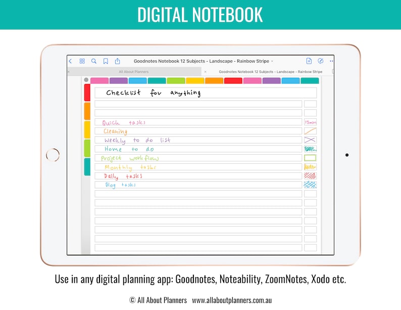 Goodnotes digital notebook 12 subject tabs hyperlinked rainbow dot grid lined cornell notes checklist page templates instant download image 5