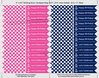 Straw flags, cupcake toppers, toothpick flags, party printable, nautical, sticker, label, girl, birthday, navy, pink, diy, instant download