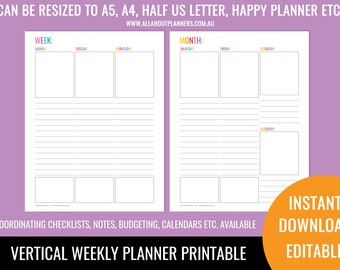 Weekly planner printable vertical editable 2 page rainbow undated unlined perpetual letter size can resize to A5 or happy planner mambi