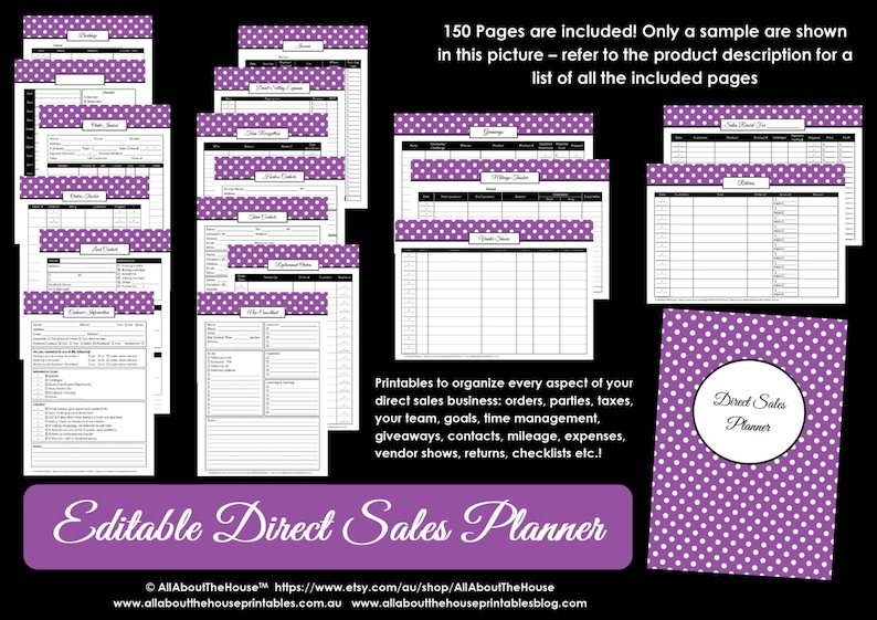 Direct Sales Planner Editable Business Planner Binder Printables Organize Any Direct Sales Business 150pgs Purple Polka Dot INSTANT DOWNLOAD image 1