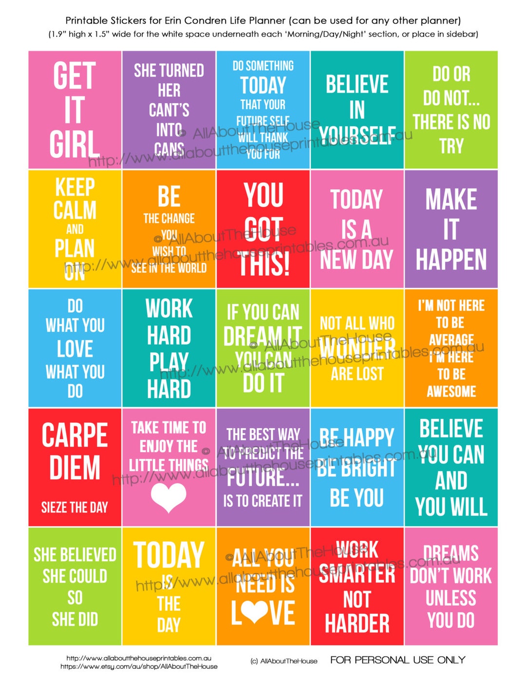 Motivational Quote Planner Stickers Printable Inspiration Full Box or