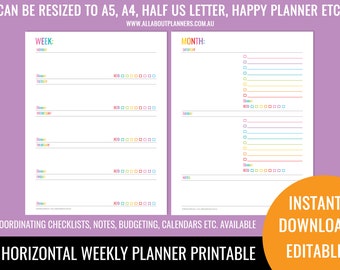 Weekly planner printable horizontal editable 1 page rainbow checklist cleaning shopping letter size can resize to A5 or happy planner mambi