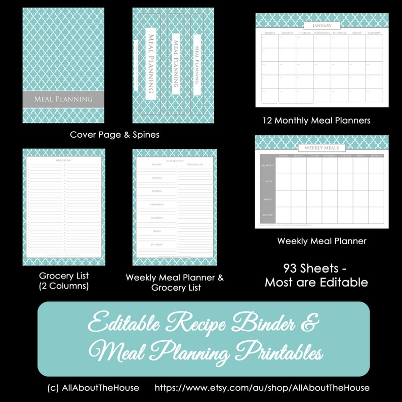 EDITABLE Recipe Binder Printables Meal Planning Recipe Sheet Recipe Card Weekly Meal Planner Month Recipe Dividers Grocery List Quatrefoil image 3