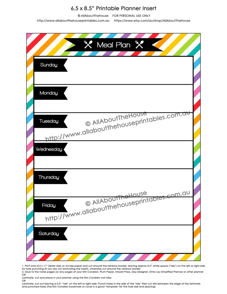 Planner Insert Weekly Meal Planning Printable Rainbow 6.5 x 8.5 for Erin Condren, Plum Paper, Inkwell Press, Emily Ley, Day Designer etc. image 2