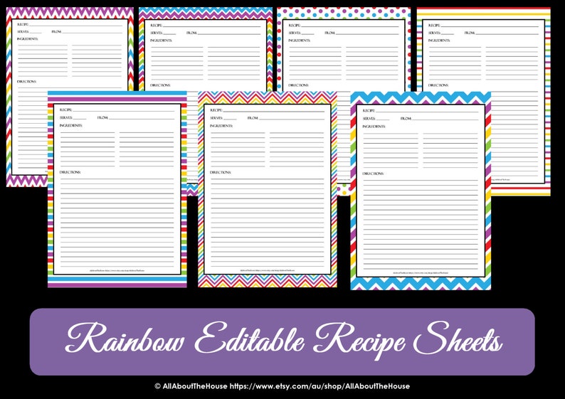 May include: Set of six printable recipe cards with colorful borders. Each card has a different pattern: purple chevron, blue chevron, rainbow stripes, yellow chevron, polka dots, and red stripes. The cards are labeled "Recipe" and have sections for "Serves", "Prep Time", "Ingredients", and "Directions".