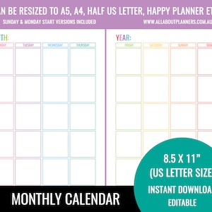 Editable printable monthly calendar planner insert refill goals monday start organizer agenda US letter size resize a5 personal size half image 1