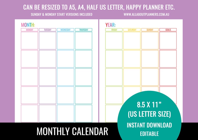 Editable printable monthly calendar planner insert refill goals monday start organizer agenda US letter size resize a5 personal size half image 1