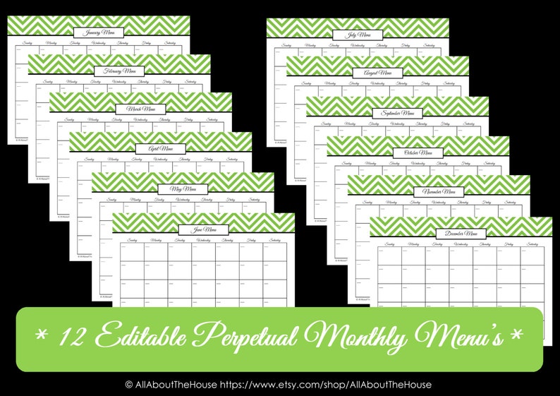 GREEN EDITABLE Menu Planner Printables Meal Planning Organisation Household Binder Chevron Planner Printables pdf INSTANT Dl image 2