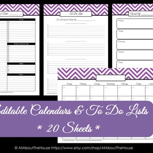 PURPLE EDITABLE To Do List and Calendar Set Perpetual Calendar Household Binder Chevron Printable Do List Pdf Day Planner Instant Dl 2018 image 3