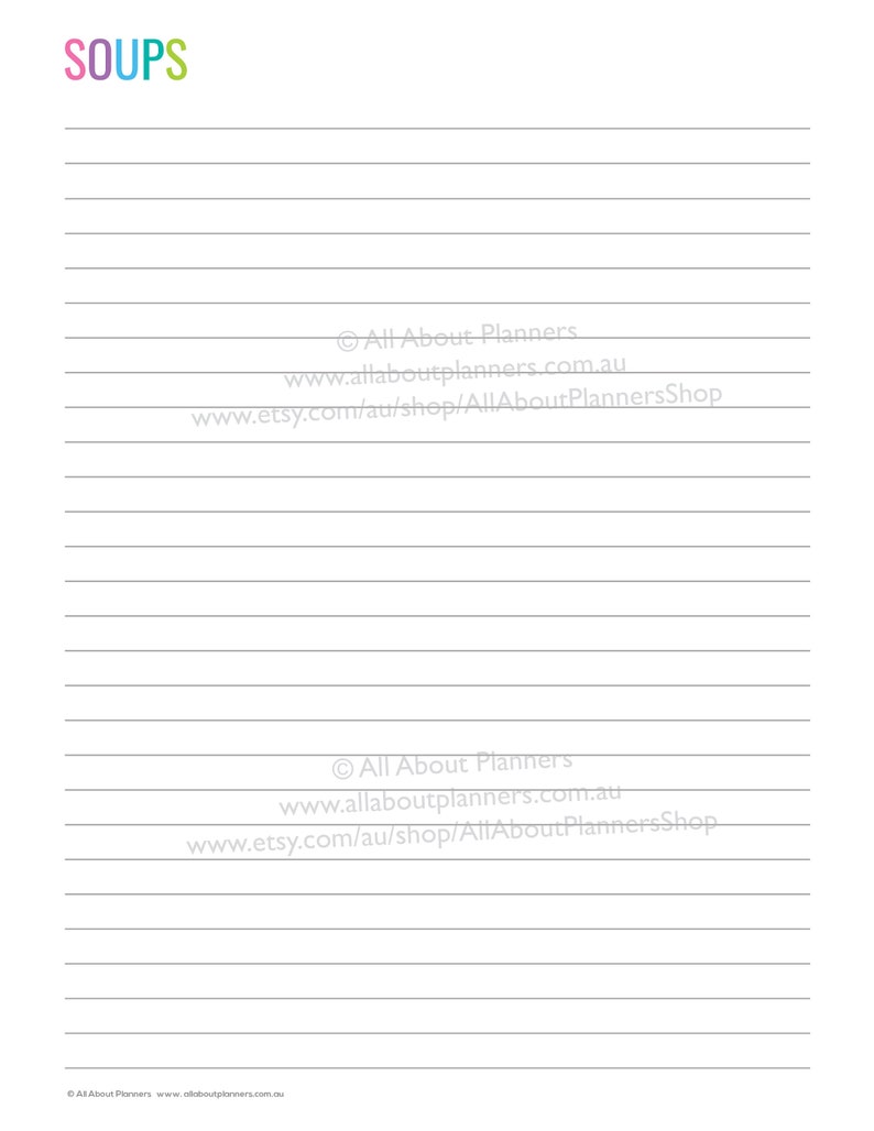 May include: A white printable planner page with horizontal lines for writing. The word SOUPS is printed in colorful letters at the top left. The page includes faint watermarked text reading All About Planners and associated web addresses.