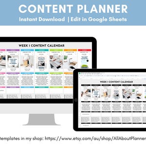 May include: A digital content planner displayed on a computer monitor and a tablet screen. The interface shows a weekly calendar grid with columns for days, content type, status, image links, captions, and hashtags, featuring colorful headers.