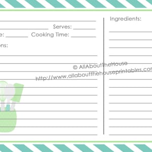 Rezept-Karte ausdruckbare Vorlage blau grüne Streifen 4 x 6" PDF und JPG Datei-Format gefüttert - Vorder- und Rückseite designs - Stil 3 - sofort-download
