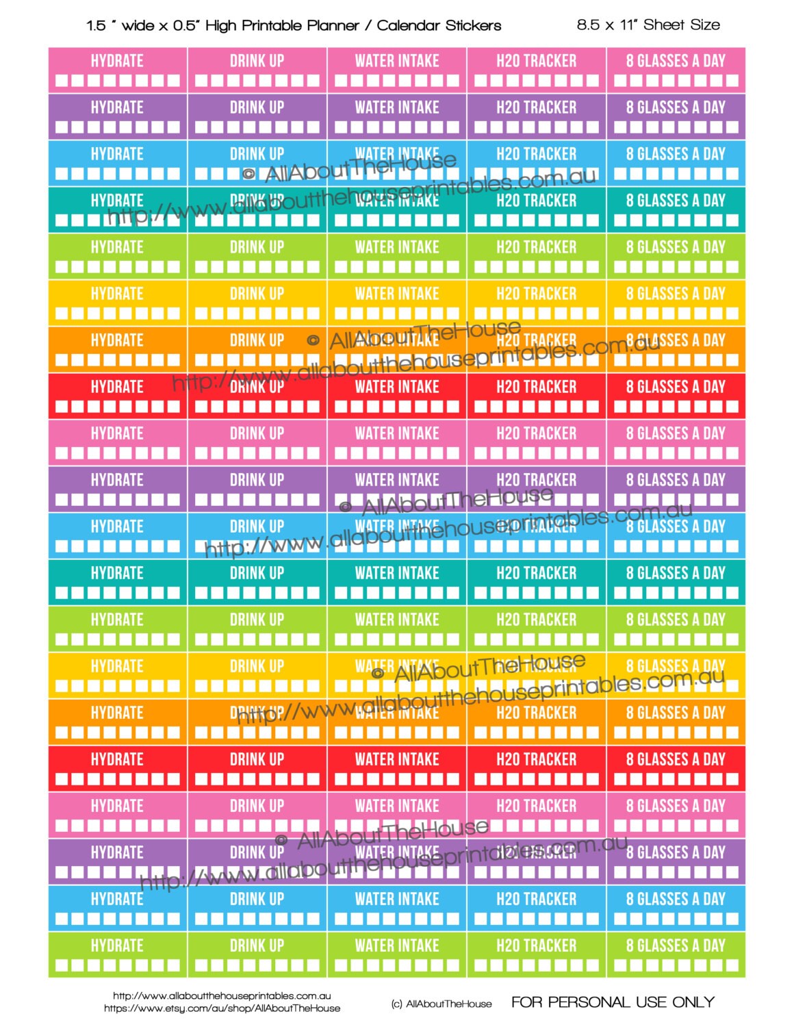 Hydrate Printable Calendar Planner Stickers Water Intake Tracker 1.5 ...
