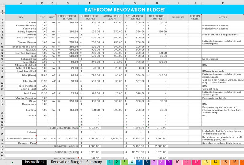 Home renovation budget spreadsheet organizer wish list contacts paint color tracker quotes excel google sheet diy building remodel tracker zdjęcie 4