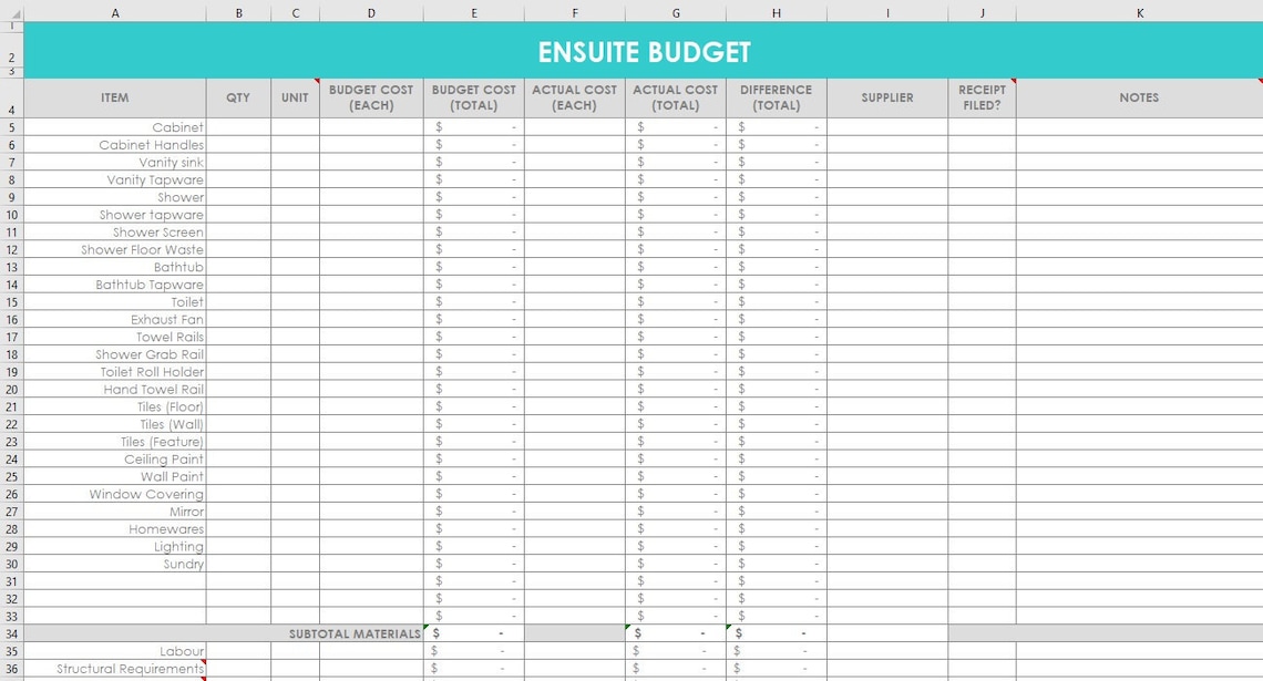 Bathroom renovation budget spreadsheet organizer ensuite ...