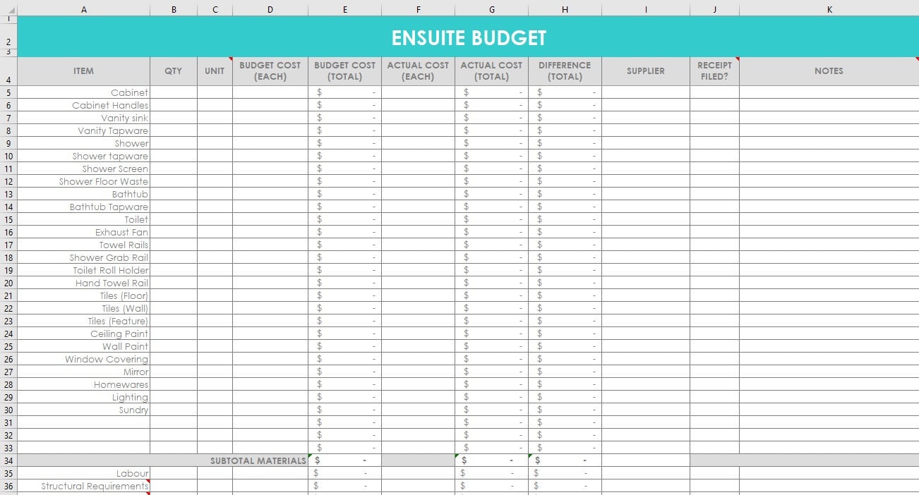 Bathroom Renovation Budget Spreadsheet Organizer Ensuite Wish List