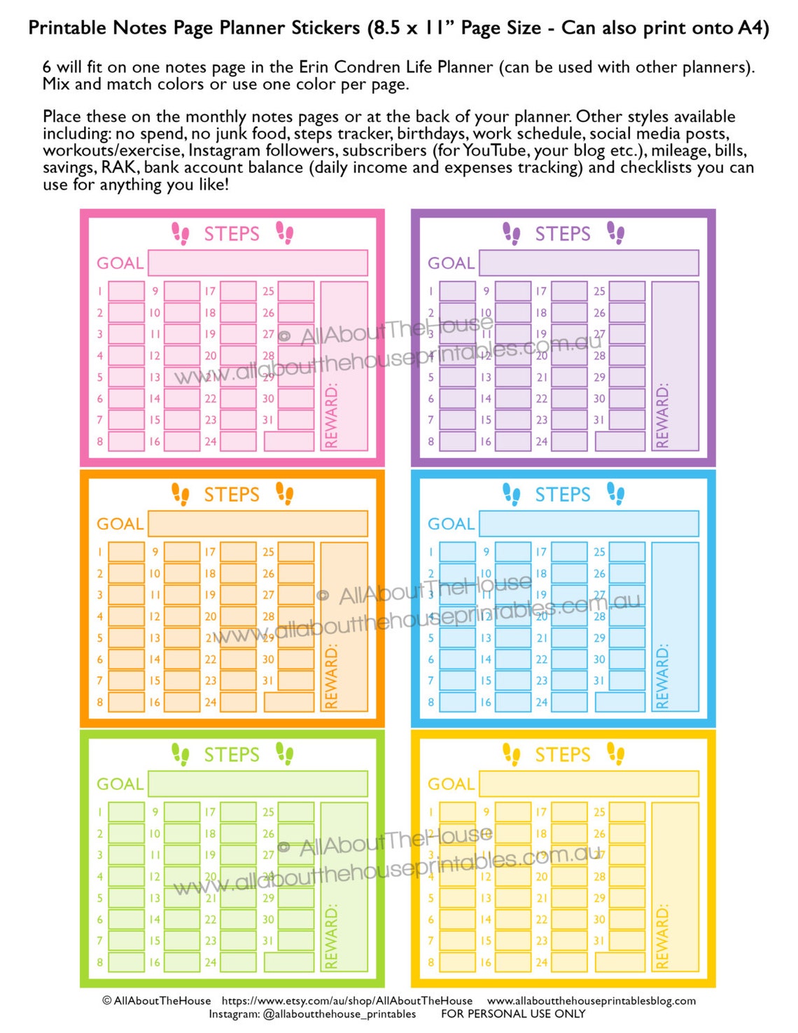 Steps Planner Stickers Notes Page Printable Exercise Health Fitness ...