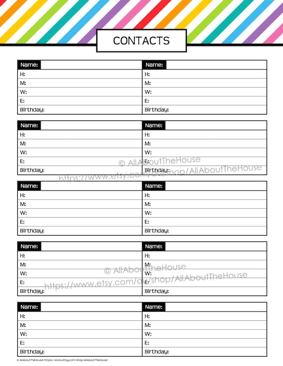 Contacts Printable Rainbow Stripe PDF Editable Fillable | Etsy Australia