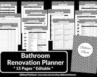 May include: A black and white chevron patterned printable bathroom renovation planner with 15 pages. The planner includes sections for budgeting, design inspiration, and a checklist. The text "Bathroom Planner" is in a circle on the cover.