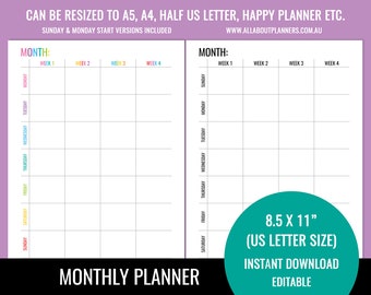 Monthly planner editable printable calendar insert list refill goals start organizer agenda US letter size resize a5 personal size half