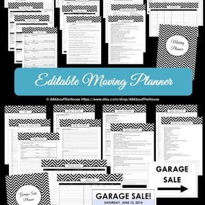 BLACK EDITABLE Moving Planner Garage Sale Checklist Binder Printable Chevron Organize Home Binder Cover Box Label Yard Sale SignsPDF