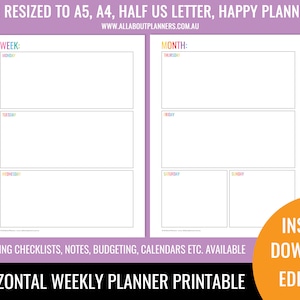 Weekly planner printable 2 page spread insert editable refill to do checklist rainbow ink friendly US letter size resize a5 half junior image 5