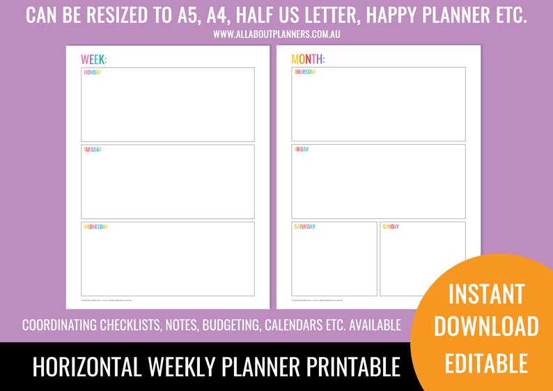 Weekly planner printable 2 page spread insert editable refill to do checklist rainbow ink friendly US letter size resize a5 half junior image 5