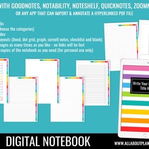 Goodnotes digital notebook 12 subject tabs hyperlinked rainbow dot grid lined cornell notes checklist page templates instant download