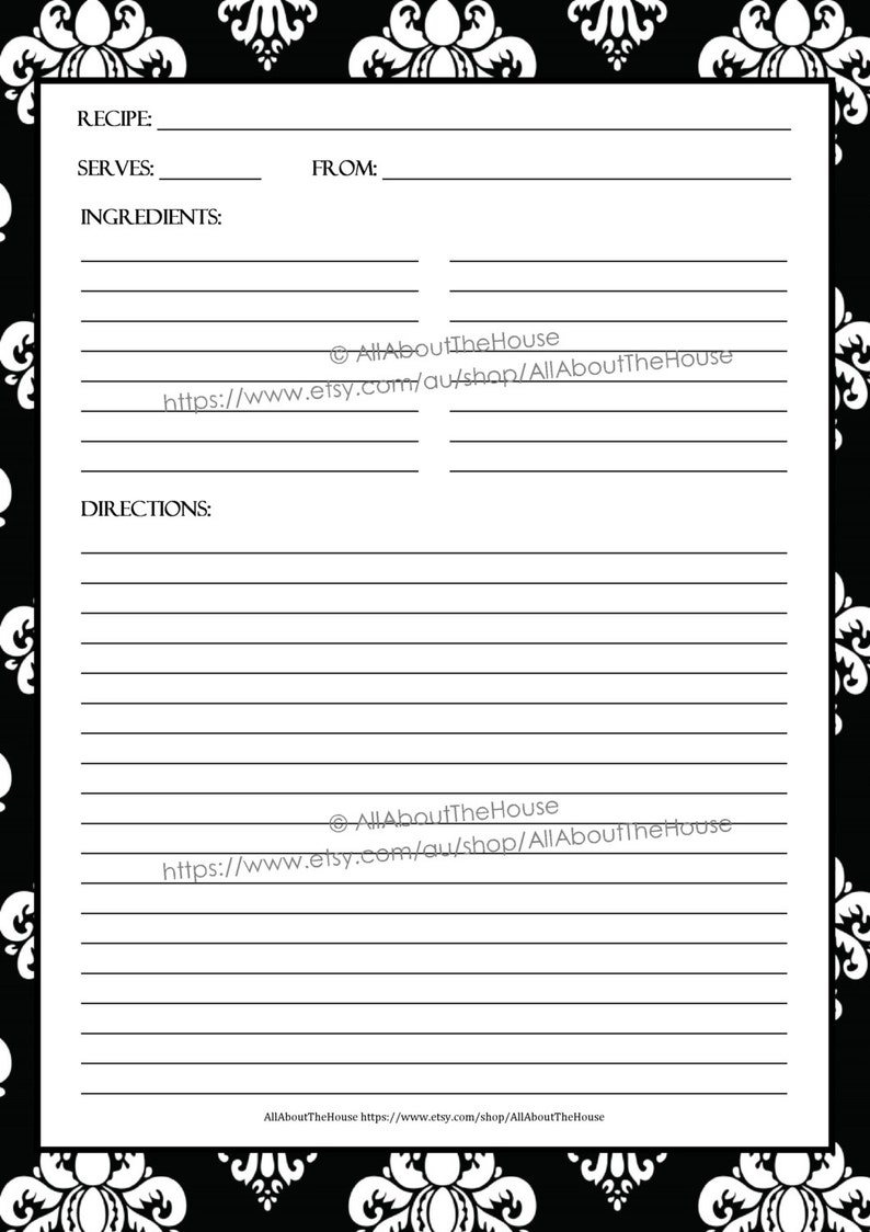 EDITABLE Recipe Binder Printables Recipe Sheet Recipe Card Recipes to Try Template PDF Editable Binder Cover Spine Favorite Recipes Damask image 4