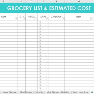 Op de afbeelding: Een digitaal spreadsheet-sjabloon met de titel GROCERY LIST & ESTIMATED COST en een groenblauwe koptekst. De tabel bevat kolommen voor categorie, item, aantal, prijs en totaal, met valutasymbolen en lege cellen voor het bijhouden.