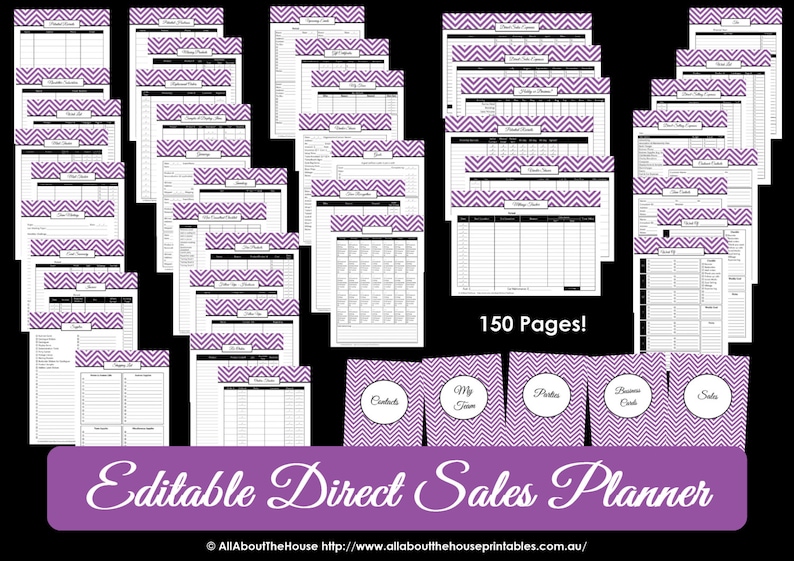 May include: A set of 150 printable pages for a direct sales planner. The pages feature a purple and white chevron pattern. The planner includes sections for contacts, my team, products, business cards, and sales.