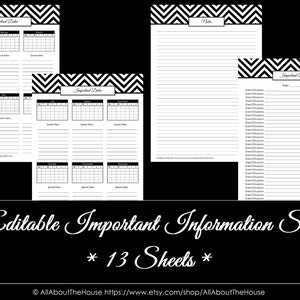 BLACK EDITABLE Important Information Printable Home Organisation Household Binder Pdf Chevron Printable Pet Insurance Phone Instant Download image 3