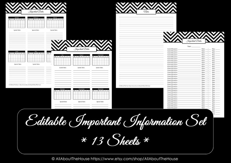 BLACK EDITABLE Important Information Printable Home Organisation Household Binder Pdf Chevron Printable Pet Insurance Phone Instant Download image 3