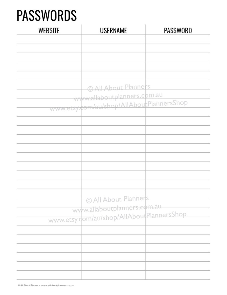 password log planner editable printable calendar insert