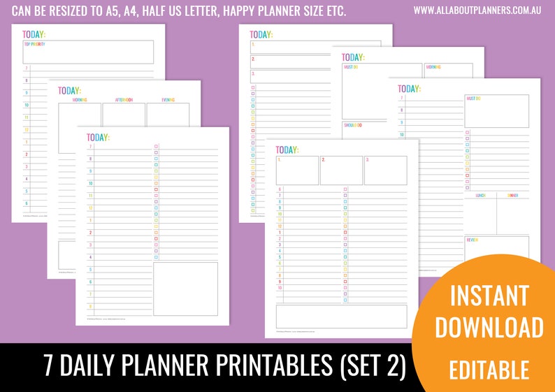 Daily planner editable printable pdf insert refill to do quarterly goals overview future log US letter size resize a5 half junior set 2 image 1