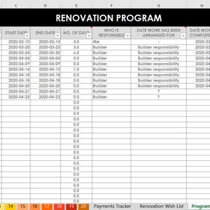 Home renovation budget spreadsheet organizer wish list contacts paint color tracker quotes excel google sheet diy building remodel tracker image 5