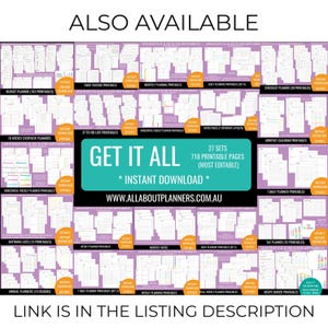 May include: A digital collection of 718 printable planner pages across 27 sets, featuring budget, habit, daily, weekly, and monthly planners, checklists, and notes. The image displays the text GET IT ALL, INSTANT DOWNLOAD, and WWW.ALLABOUTPLANNERS.COM.AU.