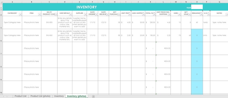 Inventory spreadsheet etsy seller tool shop management supplies materials cost of goods sold wholesale retail pricing worksheet excel forms image 7