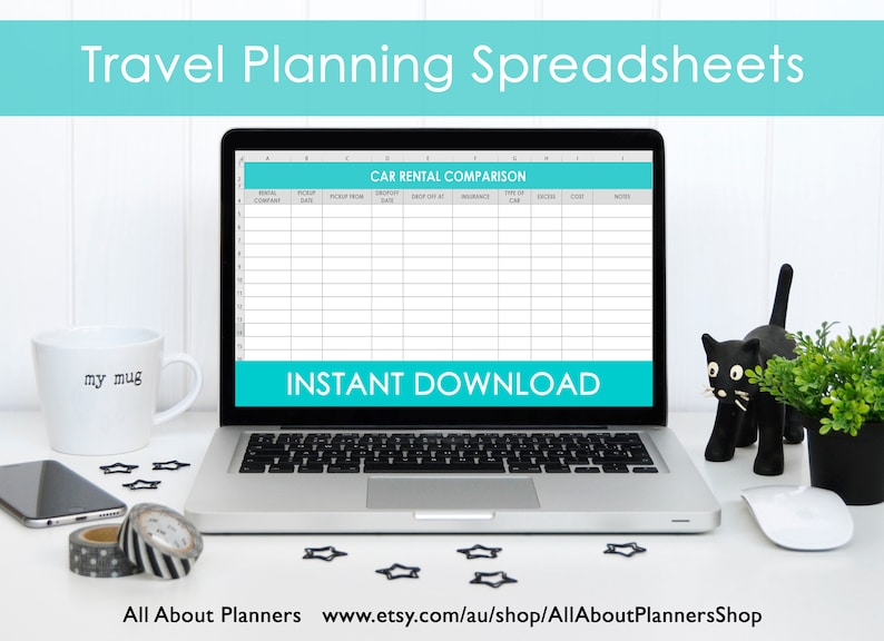 Travel Planning excel spreadsheets itinerary month week budget organizer spending to do list before we leave insurance transfer car rental afbeelding 7