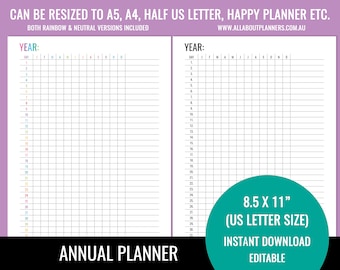 Annual  planner printable mood tracker habits monthly tasks editable fillable template insert goals US letter size resize a5 personal size