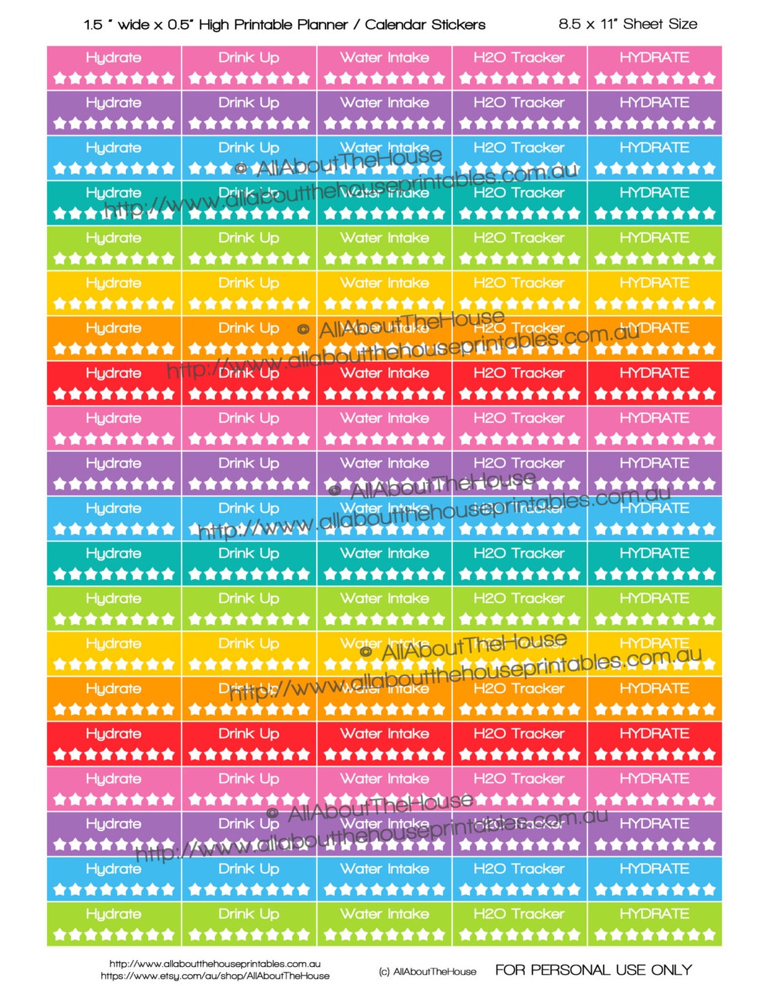 Hydrate Printable Calendar Planner Stickers Water Intake Tracker Stars ...