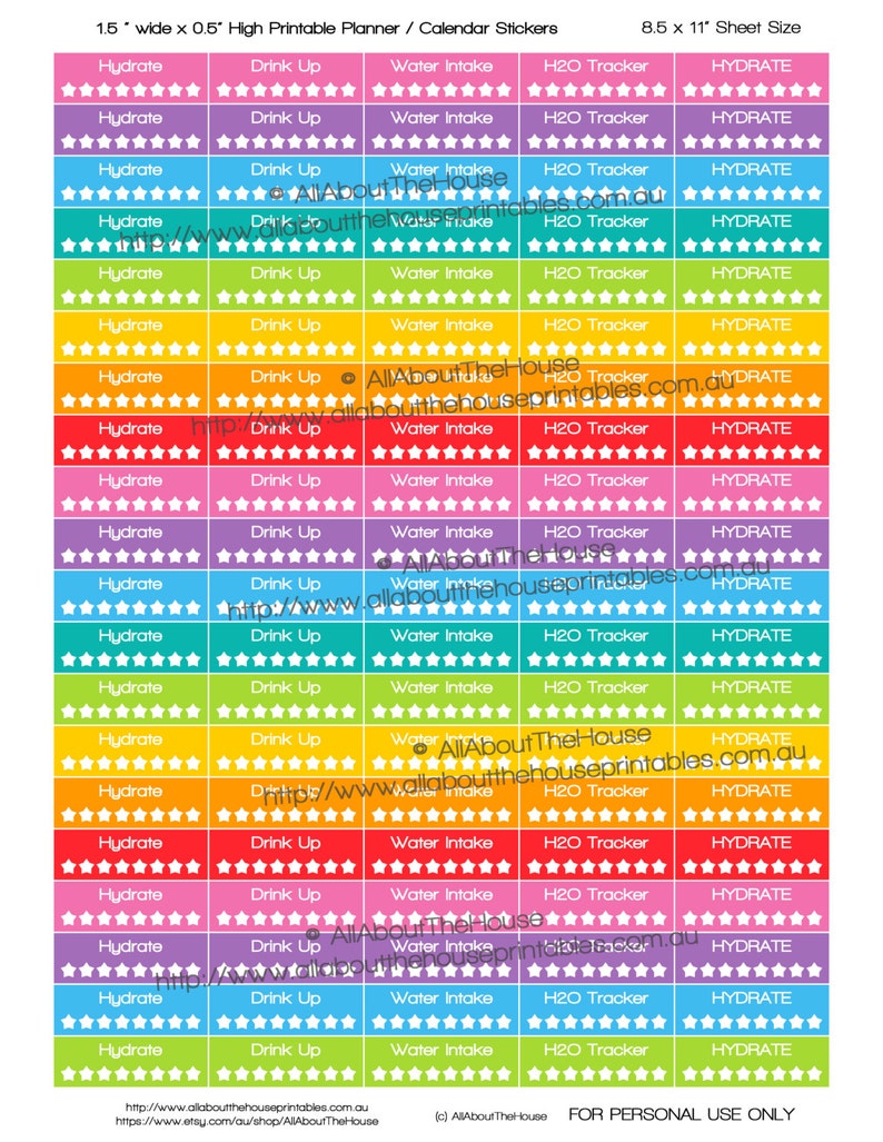 Hydrate Printable Calendar Planner Stickers Water Intake Tracker Stars 1.5W x 0.5H Rainbow 2015 Planner made for Erin Condren ECLP Ol087 image 1