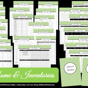 GREEN EDITABLE Home & Inventories Kit Chevron Printable PDF Printable Planner Car Maintenance Pantry-Binder Cover and Spine image 1