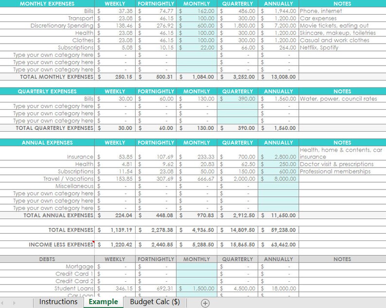 Budget calculator excel spreadsheet income expenses template etsy